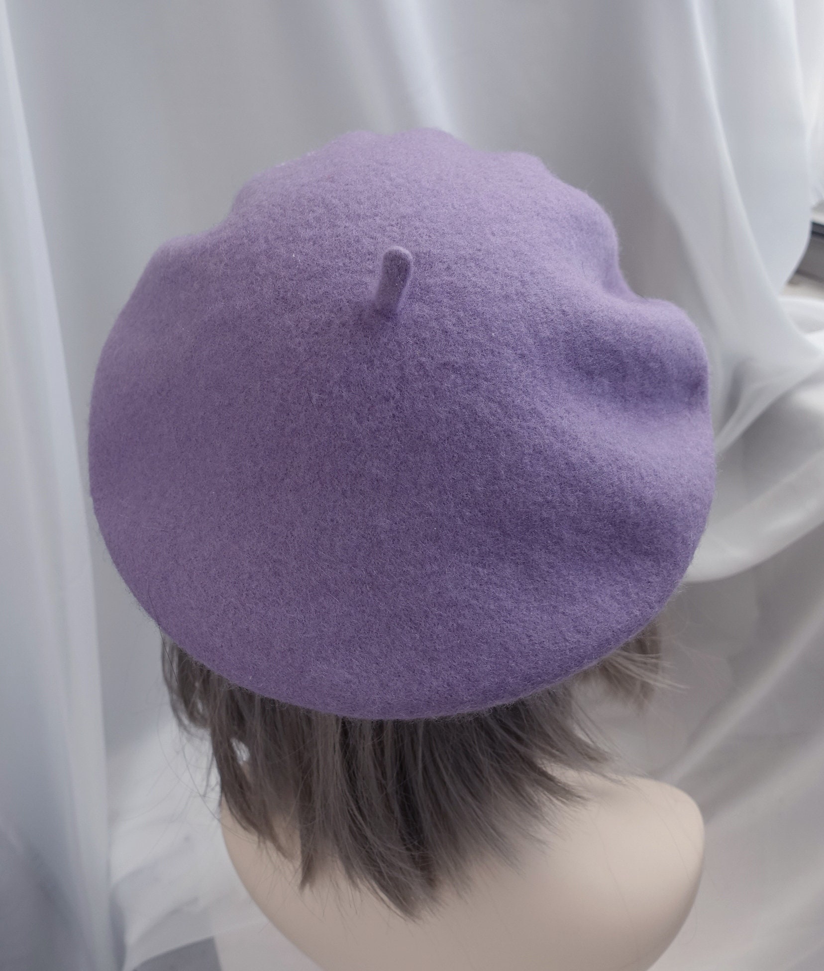 Purple Wool Felt Floral Accent Beret Purple Wool Felt Beret With White Cherry Blossom Embroidery  main image 4