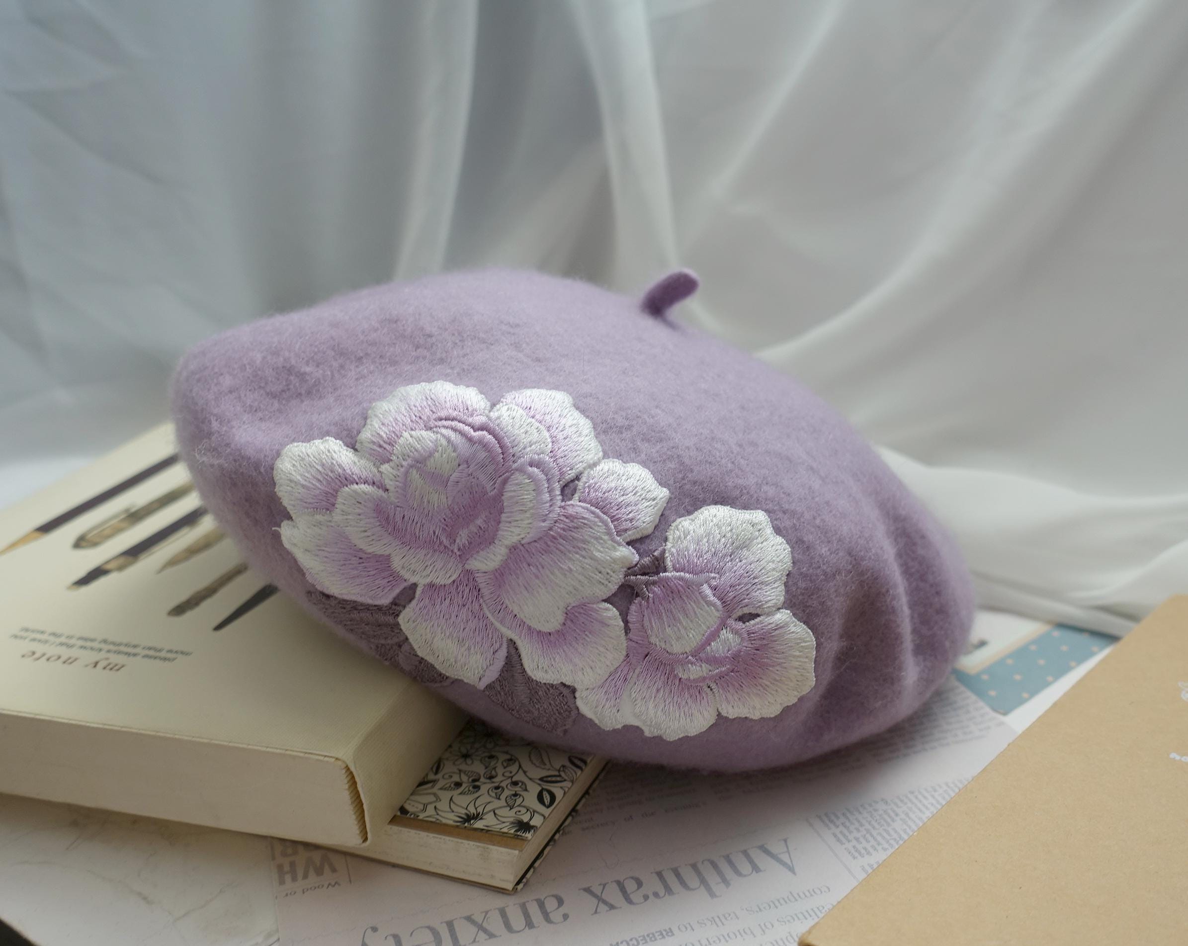 Lavender Purple Wool Beret With Peony Embroidery | Floral 