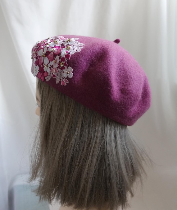Magenta Wool Beret With Lilac Lace Flower Embroidery and Pearl