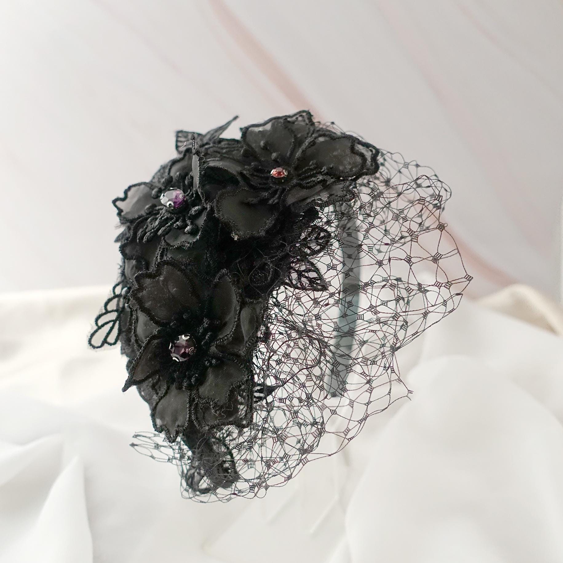 Black Floral Veil Headband Gothic Fascinator – Mourning Veil  display picture 3