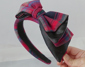 Red Tartan Black Satin Bow Headband Plaid Side Bow Hairband Dark Academia Christmas Festive