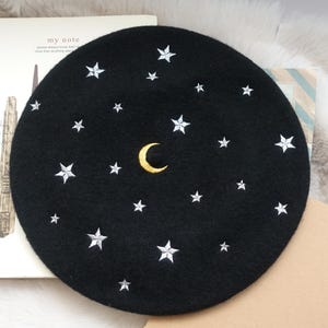 Starry Night Inspired Black wool Beret - Wool Hat with Embroidered Star Detailing
