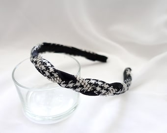 Elegant Black Houndstooth Double Twist Rhinestone Headband - Perfect Accessory for a Sophisticated Look