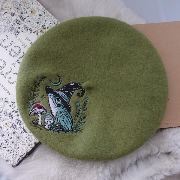 Olive Green Wool Beret with Wizard Frog Embroidery | Cottagecore Witch Hat