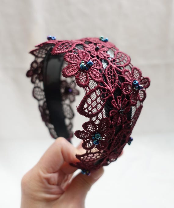 Burgundy Floral Lace Headband With Iridescent Beads- Elegant 