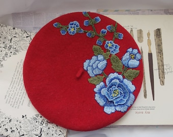 Elegant Red Wool Felt Beret Hat with Intricate Blue Rose Embroidery - Stand out in Style