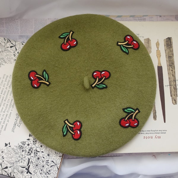 Stylish Green Wool Beret with Embroidered Red Cherry Accent - Unique Accessory for a Trendy Look