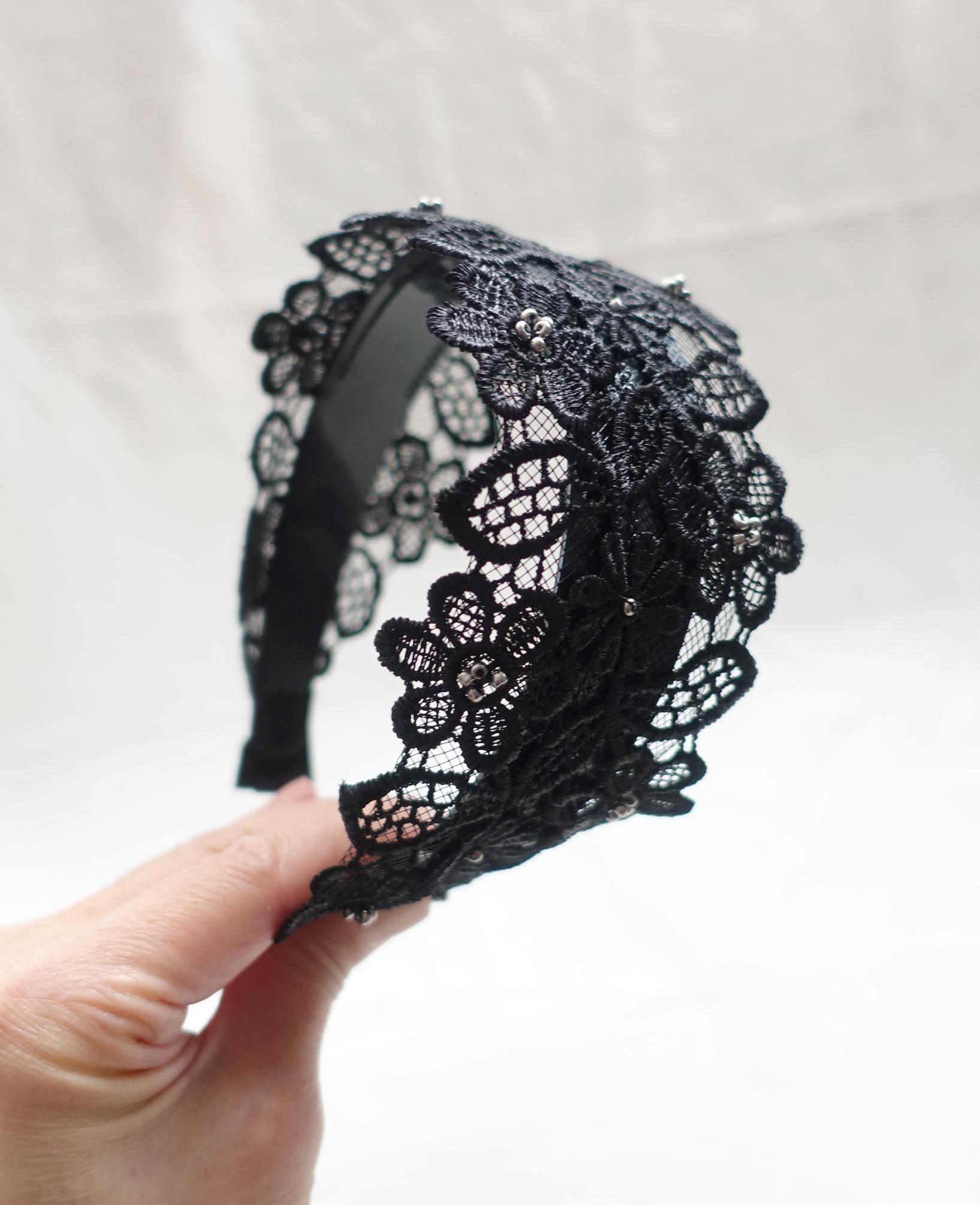 Black Floral Lace Headband – Funeral Hairpiece , Lace Gothic  display picture 2
