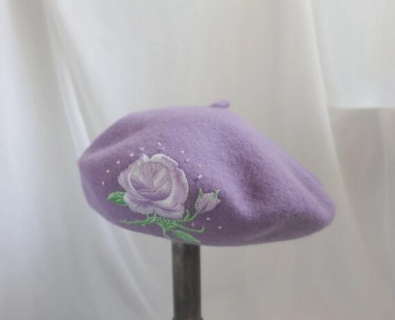 Lavender Purple Wool Beret with Rose Pearl Embroidery - Romantic Floral Hat