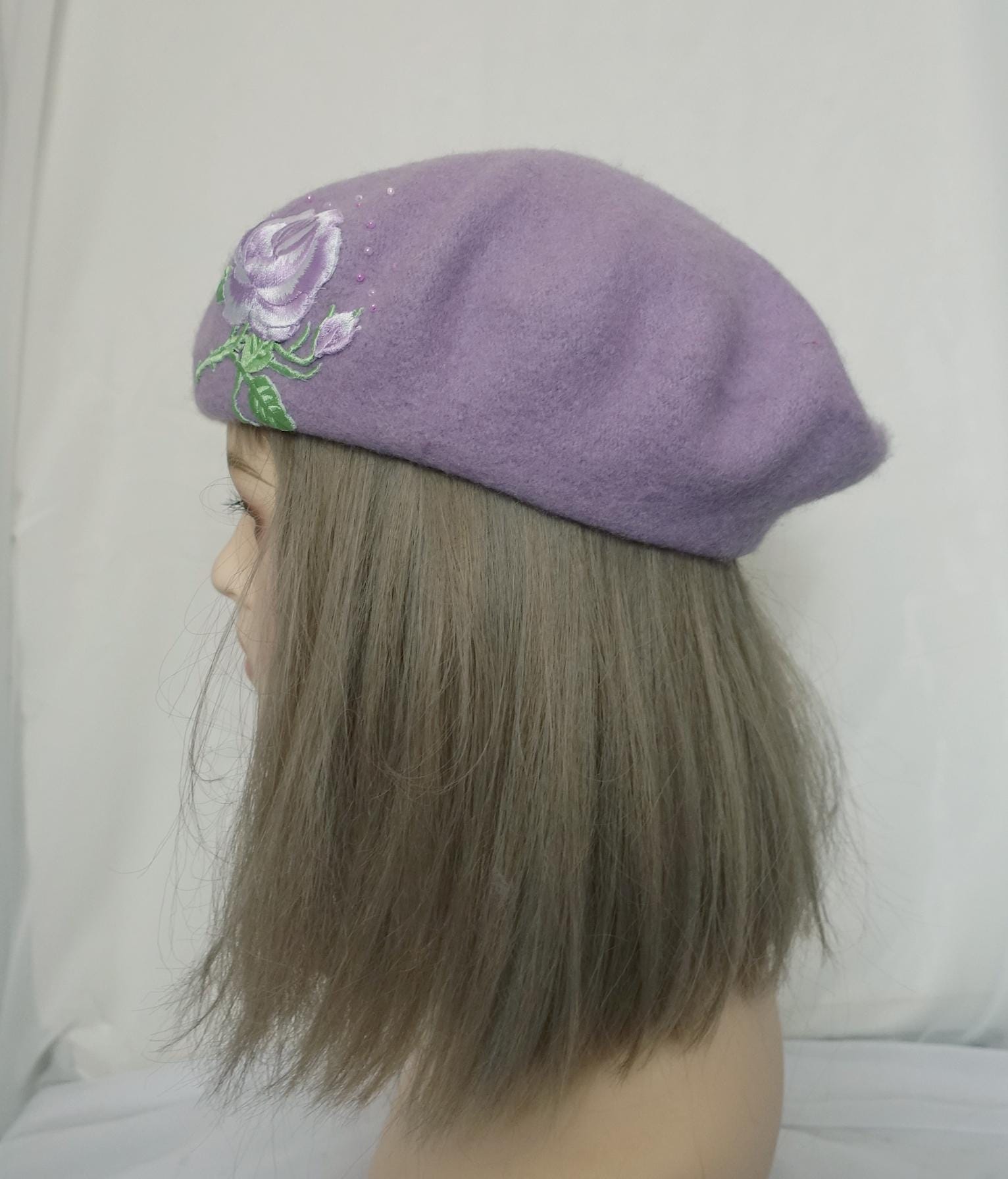 Purple Wool Felt Floral Accent Beret Lavender Purple Wool Beret With Peony Embroidery | Floral  main image 2