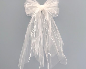 Oversized White Tulle Bridal Bow, Long Tail Veil