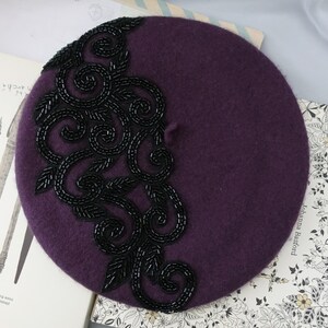 Art Deco Style Plum Purple Wool Beret With Black Vine Beads  display picture 1