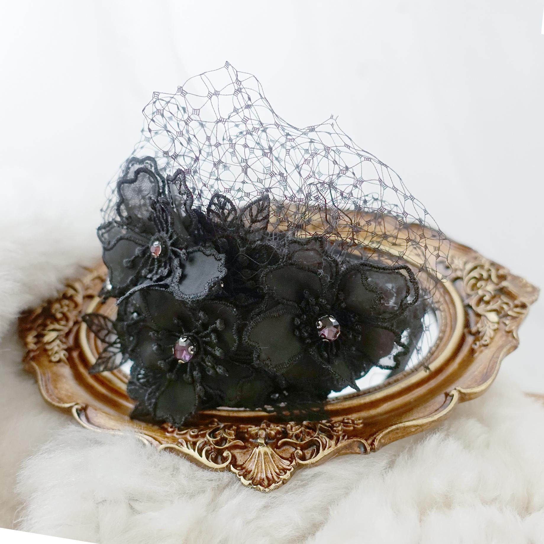 Vintage-Inspired Black Zipper Rose Fascinator Headband with Veil Black Veil Mesh Bow Veils Funeral Hat Headband with  main image 3