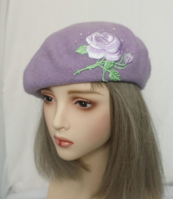 Lavender Purple Wool Beret With Rose Pearl Embroidery  display picture 2