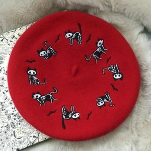 Red Halloween Beret with Skeleton Cat Embroidery : for Cat Lovers, Witchcore Gothic Gift