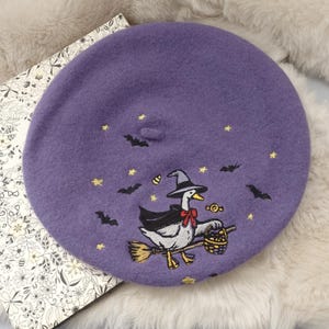 Lilac Purple Witch Goose Embroidered Beret - Spooky Witchcore , Cottagecore Fashion, Unique Halloween Gift