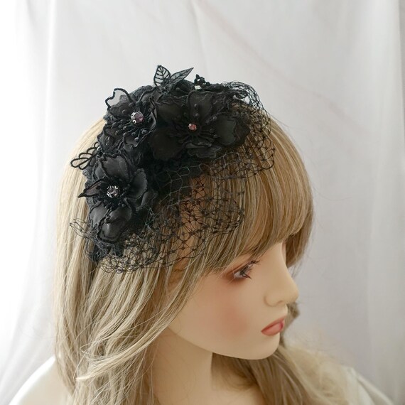 Vintage-Inspired Black Zipper Rose Fascinator Headband with Veil Parisian Blush Pink and Black Vintage Veil Fascinator  main image 3