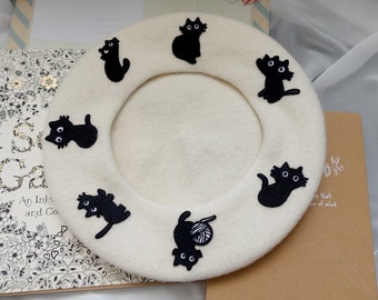 Cream Wool Beret with Black Cat Embroidery - Kawaii Cat Lover Hat Women