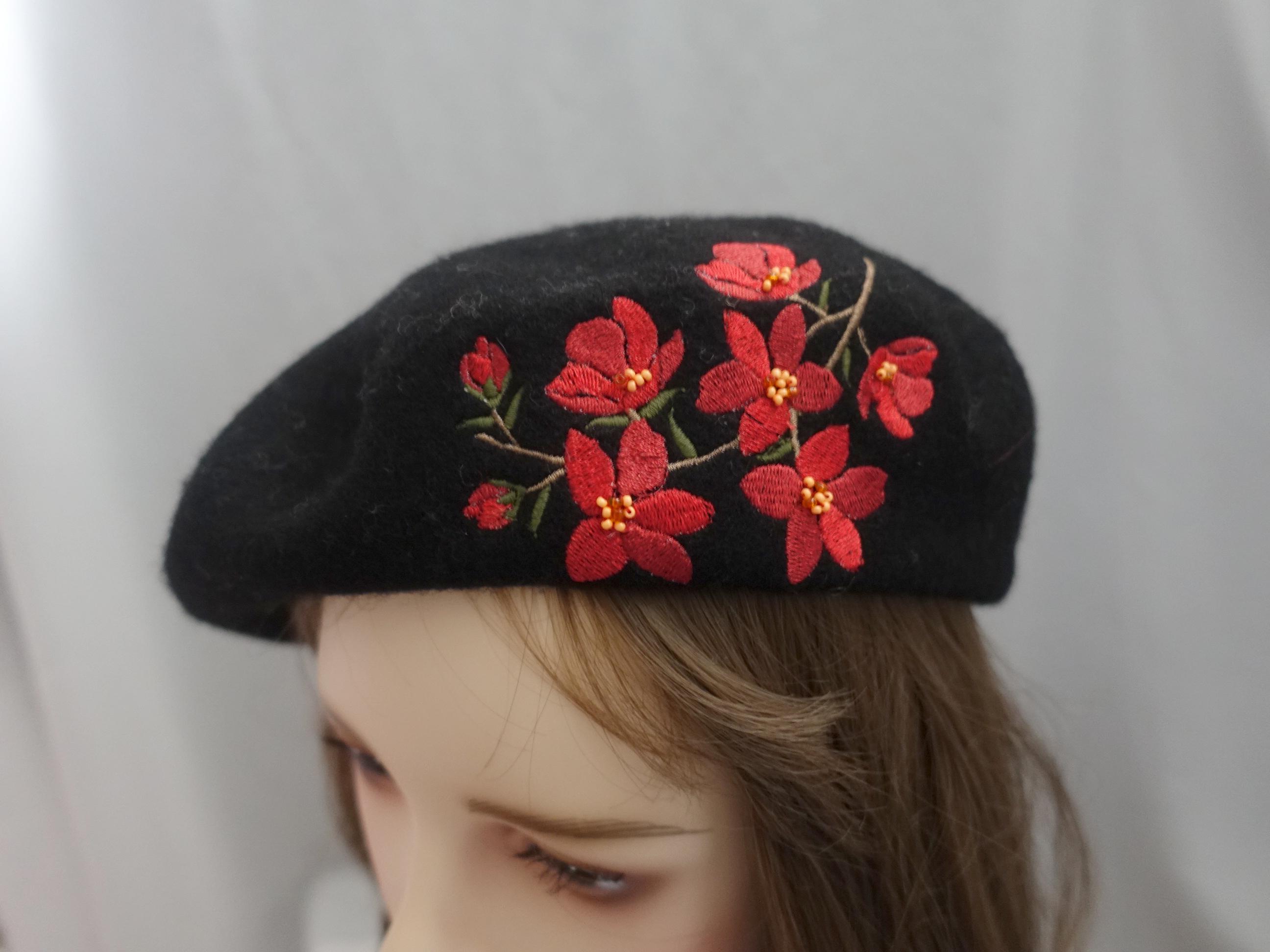 6271 Women\'s Beret, Floral Black, One Size Fits Most Black Wool Beret With Elegant Floral Embroidery - Feminine  main image 3