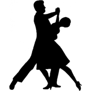 May include: Silhouette of a couple dancing, the man is leading the woman in a ballroom dance pose.