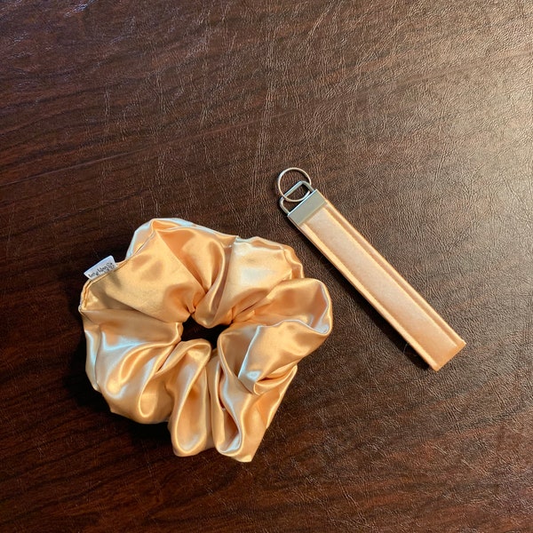 ExtraLarge Satin Gold scrunchie and Matching Wristlet Keychain Set Scrunchies Hair Accessories Ponytail scrunchie Bridesmaid or holiday gift