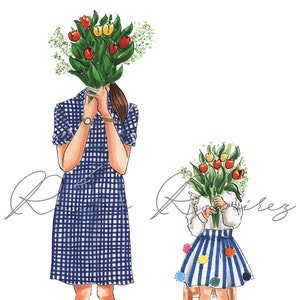 Illustratie Mom, Downloadbare Moeder, Moeder & Dochter Tekening, Mode illustratie, Downloadbare Illustratie, Afdrukbare Illustratie