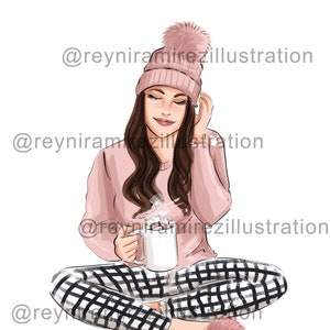 gezellig meisje, warme chocolademelk meisje, winter meisje, pijama downloadbaar, afdrukbare kunst, instant download, afdrukbare herfst, digitale download, sticker