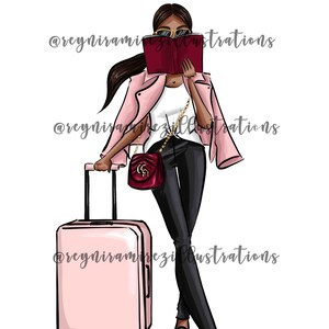 Reis meisje clipart, roze clipart, het lezen van clipart, mode clipart, afdrukbare kunst, instant download, mode print, digitale clipart