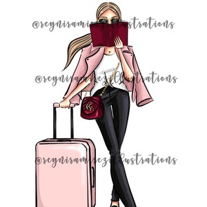 Reis meisje clipart, roze clipart, het lezen van clipart, mode clipart, afdrukbare kunst, instant download, mode print, digitale clipart
