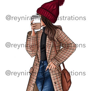Winter meisje clipart, koffie liefhebber clipart, stedelijke meisje clipart, mode clipart, afdrukbare kunst, instant download, mode print