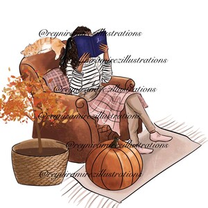 herfst clipart, meisje lezen illustraties, kattenliefhebber illustraties, val meisje clipart, brunette meisje kunst, afdrukbare kunst, commerciële licentie