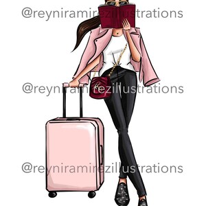 Reis meisje clipart, roze clipart, het lezen van clipart, mode clipart, afdrukbare kunst, instant download, mode print, digitale clipart
