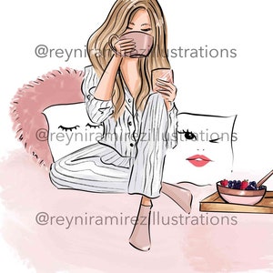 Blonde meisje clipart, ontbijt clipart, gezellige clipart, pijamas clip art, mode clipart, afdrukbare kunst, instant download, mode print