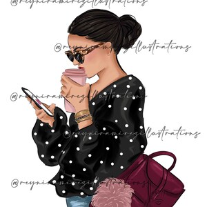 May include: Illustration of a woman with dark hair in a bun, wearing sunglasses and a black polka dot top. She holds a pink coffee cup and a smartphone. A burgundy purse and a pink pom-pom are also visible.