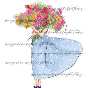 Puede incluir: Ilustración de una persona sosteniendo un gran ramo de flores coloridas. La persona lleva un vestido azul claro con lunares y zapatos azul oscuro. Las flores son una mezcla de rosa, naranja y rojo.