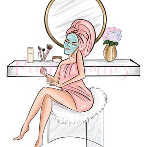 Puede incluir: Ilustración de una persona en un entorno de spa. La persona lleva una toalla rosa y una mascarilla, con una toalla rosa envuelta alrededor de la cabeza. Una vanidad con un espejo, brochas de maquillaje y un jarrón de flores está en el fondo.