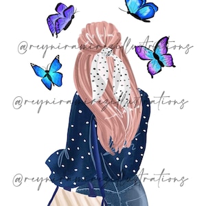 roze haar meisje kunst, vlinders clipart, vlinder liefhebbers, vlinder print, vlinder kunst, roze haar kunst, afdrukbare tekening, digitale print