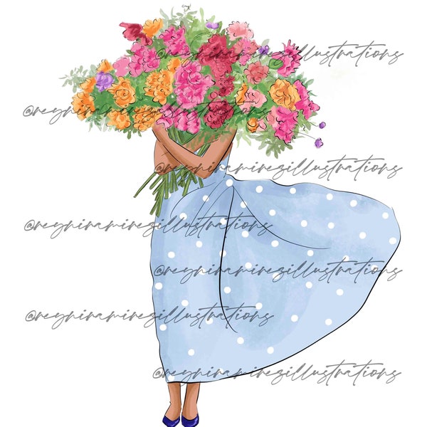 spring clip art, flower girl clip art, floral clip art, flowers clip art, girl with flowers, dot dress art, fashion illustration