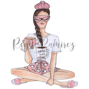 Illustratie pyjama, clipart ziek meisje, downloadbare gezellige, afdrukbare kunst, onmiddellijke download, afdrukbare pyjama, digitaal downloadbaar