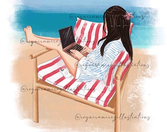 Arte da ufficio in spiaggia, lavorare in spiaggia, arte con atmosfera estiva, arte per ufficio, arte femminile, arte stampabile, illustrazione digitale, illustrazione di moda