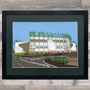 May include: A green and white illustration of a stadium with a blue sky in the background. The stadium has a large green roof and a white exterior. The stadium is surrounded by a green fence and a road.