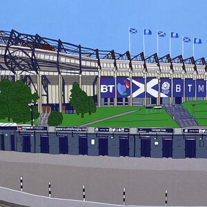 May include: An illustration of a rugby stadium with a blue and white color scheme. The stadium has a large sign that says "BT Murrayfield" and a smaller sign that says "BT". There are also several flags flying in the wind.