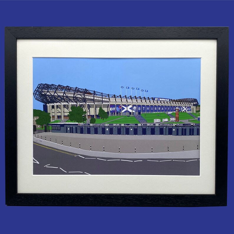 May include: A framed illustration of a large stadium with a blue and white color scheme. The stadium is called "BT Murrayfield" and is surrounded by a green field. The illustration is set against a blue sky.