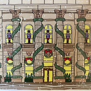 May include: A building with columns decorated with green garlands and red bows.  Each window has a toy soldier figurine inside.  The building has a large double door entrance.