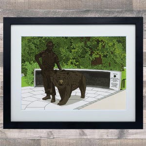 May include: A black and white illustration of a man in a uniform standing next to a brown bear. The man is holding a leash and the bear is looking at the viewer. The illustration is set against a green background with a plaque that reads "In memory of the Public Safety Officers and Firefighters who gave their lives in the line of duty".