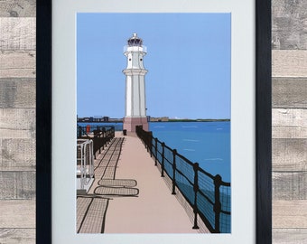 May include: A white lighthouse with a black roof stands on a pier overlooking a blue body of water. The pier is made of concrete and has a black metal railing. The sky is a light blue.