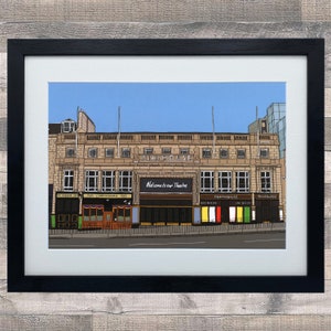 May include: A colorful illustration of a building with the words "Playhouse Theatre" above the entrance. The building has a brown brick facade with white trim and windows. There are several signs on the building, including "Welcome to our Theatre" and "The Playhouse".