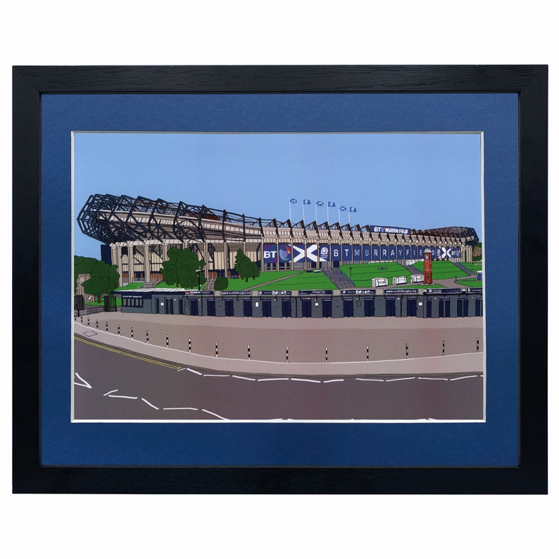 May include: A framed illustration of a stadium with a blue sky and green grass. The stadium is called BT Murrayfield and is located in Edinburgh, Scotland. The illustration is in a black frame with a blue mat.