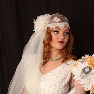 Lace Ivory Juliet Veil with Beading, Bridal Cap Veil, Veil Organza Flower, Vintage Style Wedding Veil, Boho Veil, Free Shipping