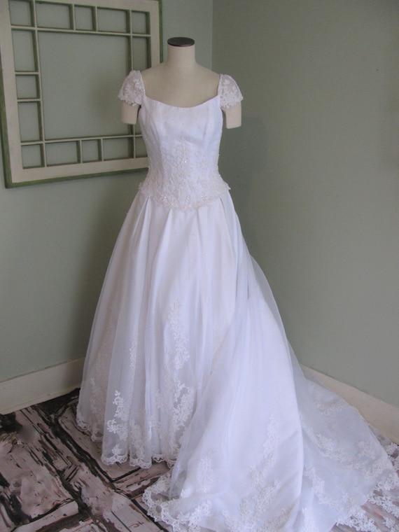 White Satin Wedding Dress, Wedding Dress with Cap 